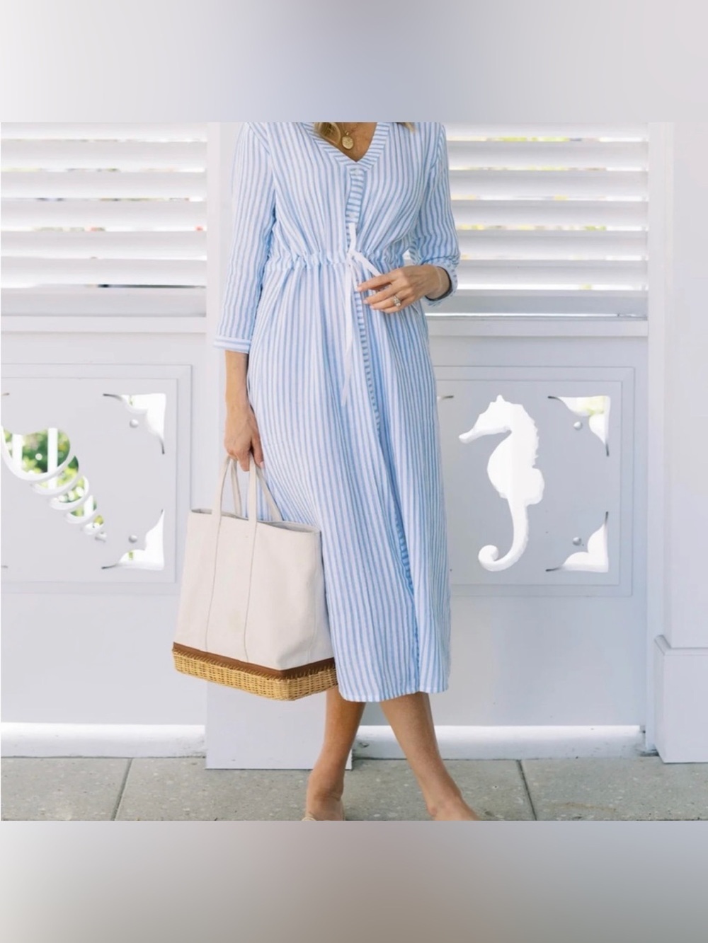 EUC! Alice Walk Cotton Gauze Striped Blue Midi Shirt Dress, sz S